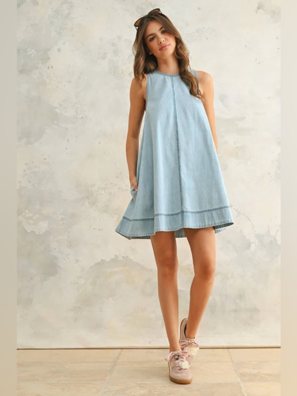 Miou Muse A-Line Swing Dress Blue Light Wash Denim Cotton Sleeveless M